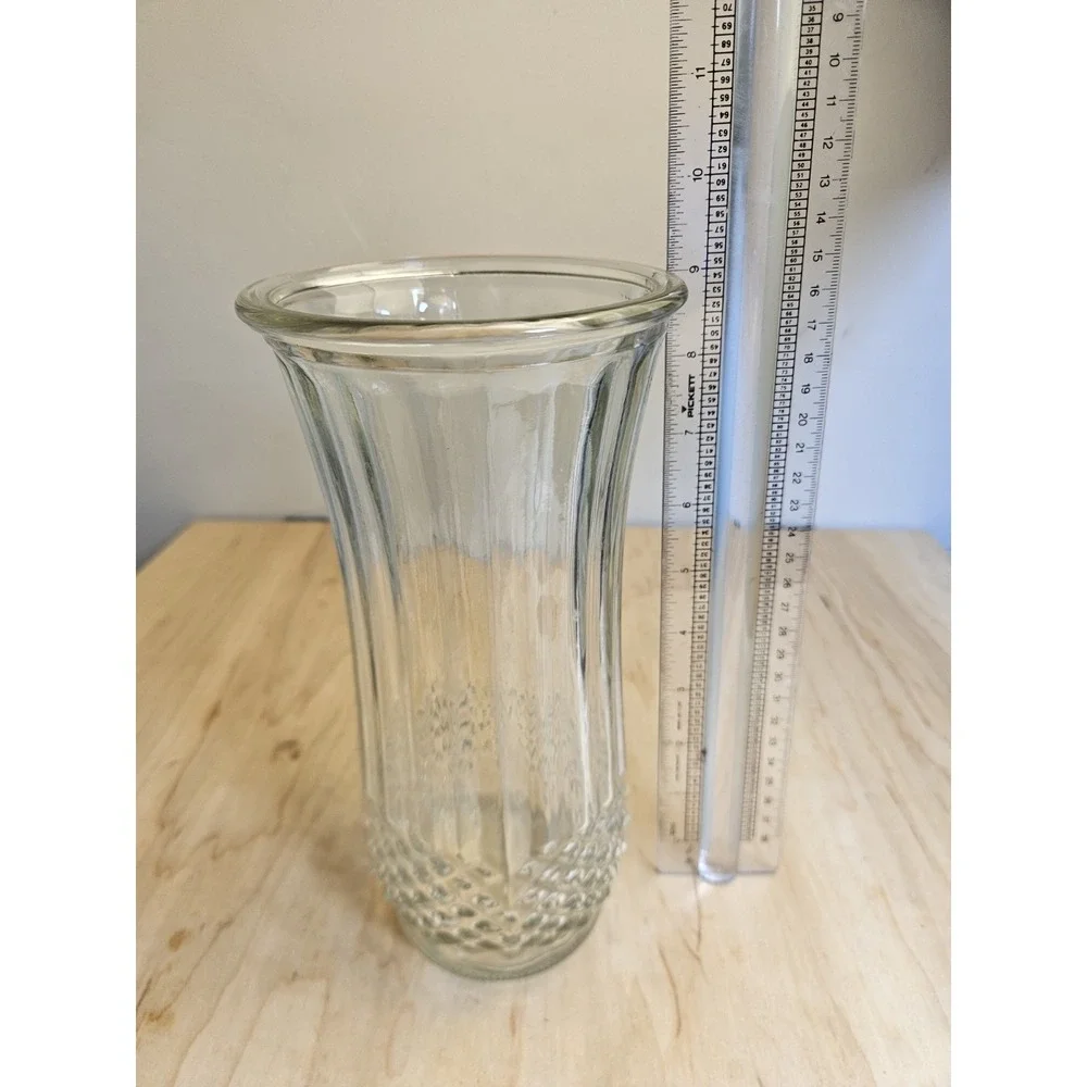 Hoosier Glass Clear Ribbed Vase Diamond Pattern Flared Rim Vintage 9